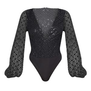 Black Plunge Glitter Volume Sleeve Bodysuit